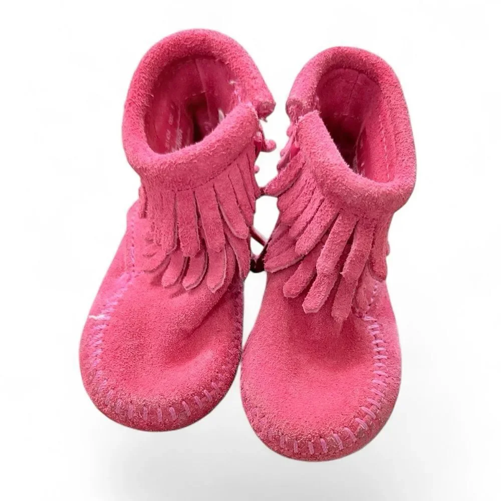 Minnetonka Pinkish Red Suede Fringed Booties
